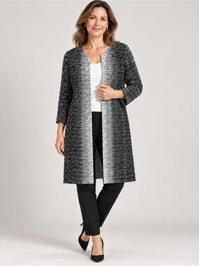 St. John Black White Ombré Knit Long Cardigan Jacket 12 Made in USA Lagenlook